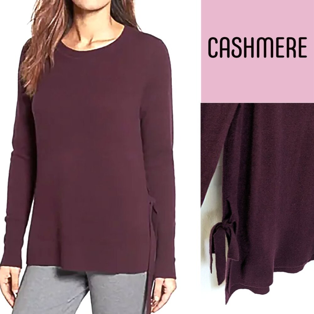 Halogen 100% round neck cashmere tunic sweater in Burgundy, with slits and adjus